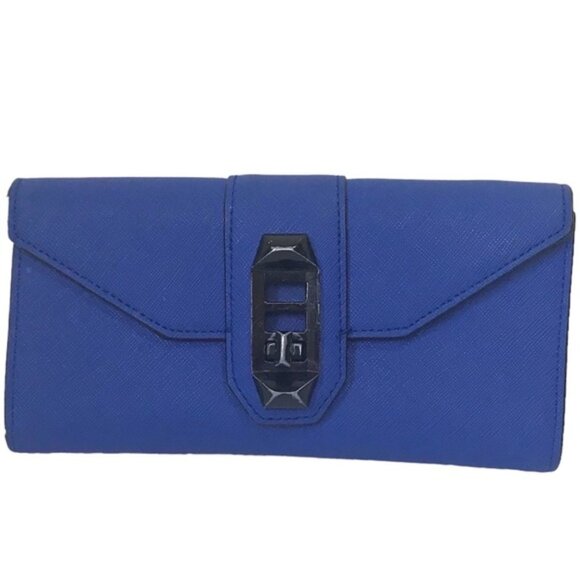 Rebecca Minkoff Saffiano Leather Turn Lock Wallet Organizer Bag Clutch Cars Blue - Picture 1 of 16